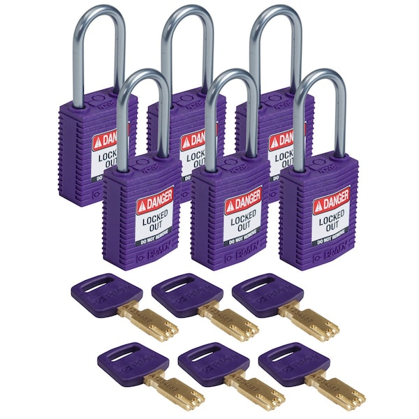 Compact SafeKey Key Retaining Nylon Padlock 1.5in Aluminum Shackle KD Purple 6PK